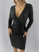 Kadın Uzun Kollu Kruvaze Yaka Bağcık Detay Akrilik Mini Boy Elbise thumbnail 6