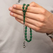 Gümüş Yeşil Kazaz Püsküllü Sıkma Kehribar Tesbih - 2