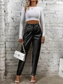 Kadın Yüksek Bel önden Düğmeli Deri Pantolon thumbnail 3