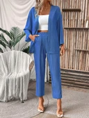 Kadın Uzun Kollu önü Açık Dokuma Ceket Ve Pantolon Ikili Takım thumbnail 2