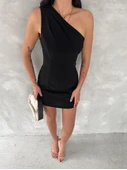 Tek Omuzlu Kolsuz Mini Boy Elbise - Siyah thumbnail 4