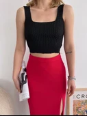Yırtmaçlı esnek kumaş midi boy etek koyu kırmızı thumbnail 4
