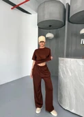 Osy Modal Yumuşak Dokulu Kumaş Kısa Kollu Bluz Rahat Pantalon Ikili Takım- Kahverengi thumbnail 3