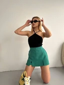 Çift yırtmaçlı atlas şort etek yeşil s240364 thumbnail 2