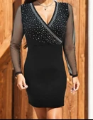 Kadın Uzun Kollu Kruvaze Yaka üst Kısım Taşlı Detay Krep Mini Boy Elbise thumbnail 6