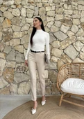 Kadın Yüksek Bel Dar Paça Kemer Dahil Kumaş Pantolon thumbnail 1