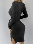 Kadın Uzun Kollu Kruvaze Yaka Bağcık Detay Akrilik Mini Boy Elbise thumbnail 4