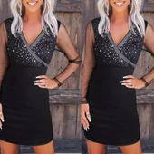 Kadın Uzun Kollu Kruvaze Yaka üst Kısım Taşlı Detay Krep Mini Boy Elbise thumbnail 2