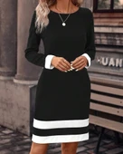 Kadın Uzun Kollu Bisiklet Yaka Kol Ve Tek Ucu şeritli Ithal Krep Midi Elbise thumbnail 2