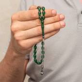 Gümüş Yeşil Kazaz Püsküllü Sıkma Kehribar Tesbih - 3