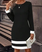 Kadın Uzun Kollu Bisiklet Yaka Kol Ve Tek Ucu şeritli Ithal Krep Midi Elbise thumbnail 1