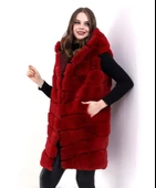Kadın Kapşonlu Peluş Kürk Yelek Premium Kalite, Tam Astarlı, Uzun Model - Kırmızı thumbnail 7