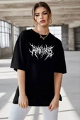 Unisex Bisiklet Yaka Baskılı Oversize T-Shirt - Siyah thumbnail 1