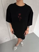 Unisex Bisiklet Yaka Baskılı Oversize T-Shirt - Siyah thumbnail 1