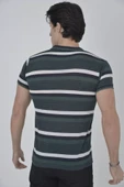 Erkek Yakalı Slim Fit Dokuma Çizgili T-Shirt - Haki thumbnail 2