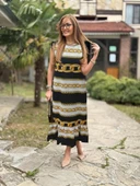 Kadın Omuzlardan Büzgülü Kayık Yaka Fırfırlı Janjan Krep Elbise thumbnail 3