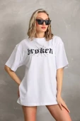 Unisex Baskılı Oversize T-Shirt - Beyaz thumbnail 1