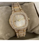 Altın Renk Taş Kaplama Oval Kasa Tasarım Kadın Kol Saati - 5