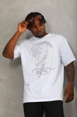 Unisex Oversize Taşlı Bisiklet Yaka T-Shirt - Beyaz thumbnail 4