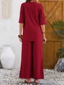 Kadın Kısa Kollu V Hakim Yaka Düğmeli Bürümcük Bluz Ve Pantolon Ikili Takım thumbnail 4