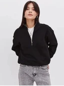 Oversize Yarım Farmuarlı Yakalı Basic SweatShirt - Siyah thumbnail 1