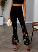 Kadın Yüksek Belli çiçek Desenli Ispanyol Paçalı Dalgıç Tayt Pantolon thumbnail 1