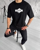 Unisex Bisiklet Yaka Baskılı Double Oversize T-Shirt - Siyah thumbnail 1