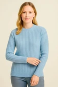 Kadın Bisiklet Yuvarlak Yaka Triko Kazak Pamuklu Kalın Fitilli Dokuma, Regular Fit Uzun Kollu Kışlık Model - Bebe Mavisi - 1