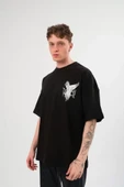 Unisex Bisiklet Yaka Baskılı Oversize T-Shirt - Siyah thumbnail 1