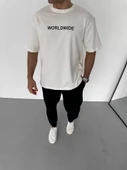 Unisex Bisiklet Yaka Baskılı Oversize T-Shirt - Beyaz thumbnail 1
