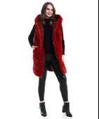 Kadın Kapşonlu Peluş Kürk Yelek Premium Kalite, Tam Astarlı, Uzun Model - Kırmızı thumbnail 2
