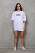Unisex Bisiklet Yaka Baskılı Oversize T-Shirt - Beyaz thumbnail 4