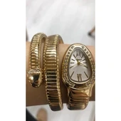 Altın Renk Beyaz Kadran Yılan Saat Dolamalı Saat - 3