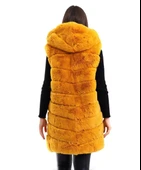 Kadın Kapşonlu Peluş Kürk Yelek Premium Kalite, Tam Astarlı, Uzun Model - Sarı thumbnail 5