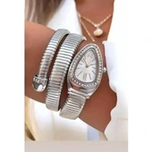 Gümüş Renk Beyaz Kadran Yılan Saat Dolamalı Saat - 2