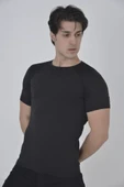 Erkek Omuz Fileli Slim Fit T-shirt - Siyah thumbnail 2