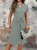 Kadın Kısa Kollu V Hakim Yaka Belden Kuşaklı Valencia Elbise thumbnail 3