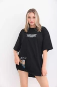 Unisex Bisiklet Yaka Baskılı Oversize T-Shirt - Siyah thumbnail 1