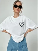 Bisiklet Yaka Baskılı Oversize T-Shirt - Beyaz thumbnail 1