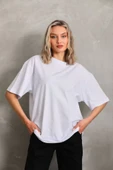 Unisex Bisiklet Yaka 20/1 Düz Oversize T-Shirt - Beyaz thumbnail 2