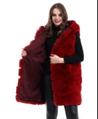Kadın Kapşonlu Peluş Kürk Yelek Premium Kalite, Tam Astarlı, Uzun Model - Kırmızı thumbnail 6