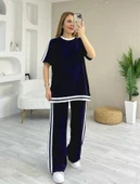 Kadın Kısa Kollu Bisiklet Yaka çift Renk şerit Detaylı Viskon Iki Iplik Bluz Ve Pantolon Ikili Takım thumbnail 1