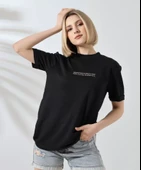 Unisex Bisiklet Yaka Baskılı Slim Fit T-Shirt - Siyah thumbnail 3
