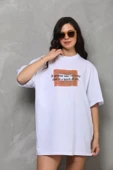 Unisex Bisiklet Yaka Baskılı Oversize T-Shirt - Beyaz thumbnail 1
