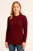 Kadın Bisiklet Yuvarlak Yaka Triko Kazak Pamuklu Kalın Fitilli Dokuma, Regular Fit Uzun Kollu Kışlık Model - Bordo - 4