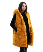 Kadın Kapşonlu Peluş Kürk Yelek Premium Kalite, Tam Astarlı, Uzun Model - Sarı thumbnail 2