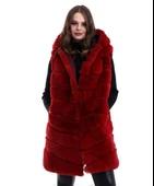 Kadın Kapşonlu Peluş Kürk Yelek Premium Kalite, Tam Astarlı, Uzun Model - Kırmızı thumbnail 5