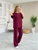 Kadın Kısa Kollu Kayık Yakalı Dikiş Izi Detaylı Viskon Iki Iplik Bluz Ve Pantolon Ikili Takım thumbnail 2