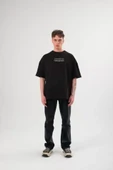 Unisex Bisiklet Yaka Baskılı Oversize T-Shirt - Siyah thumbnail 1