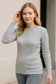 Kadın Bisiklet Yuvarlak Yaka Triko Kazak Pamuklu Kalın Fitilli Dokuma, Regular Fit Uzun Kollu Kışlık Model - Gri thumbnail 1